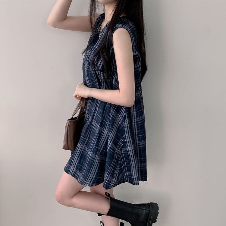 ビスチェノースリーブチェックミニワンピース NAVY