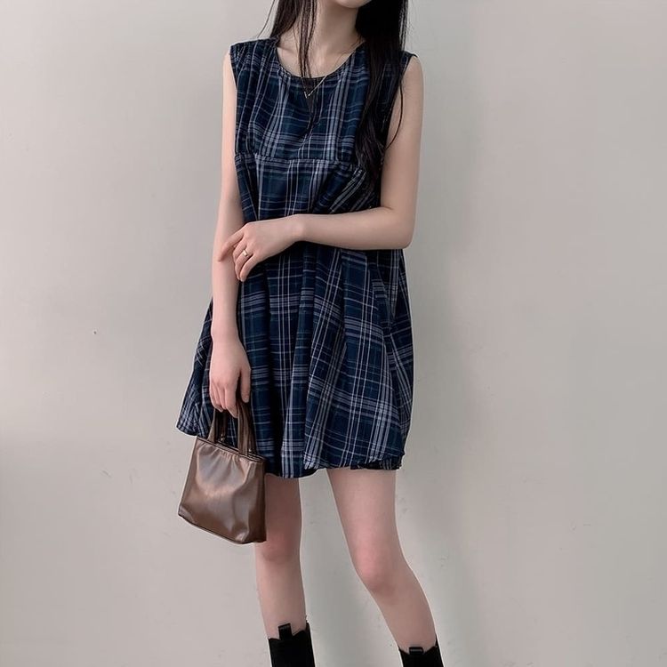 ビスチェノースリーブチェックミニワンピース NAVY