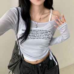 レタリングシースルーオフショルダー長袖Tシャツ