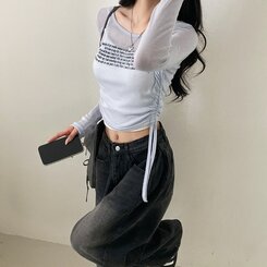 レタリングシースルーオフショルダー長袖Tシャツ