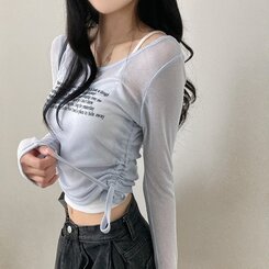 レタリングシースルーオフショルダー長袖Tシャツ