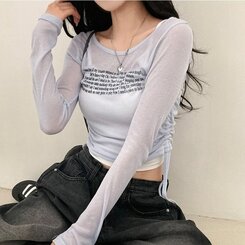 レタリングシースルーオフショルダー長袖Tシャツ