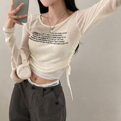 レタリングシースルーオフショルダー長袖Tシャツ