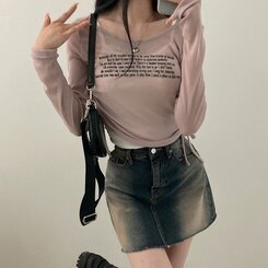 レタリングシースルーオフショルダー長袖Tシャツ