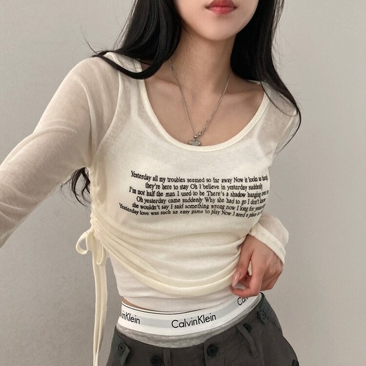 レタリングシースルーオフショルダー長袖Tシャツ