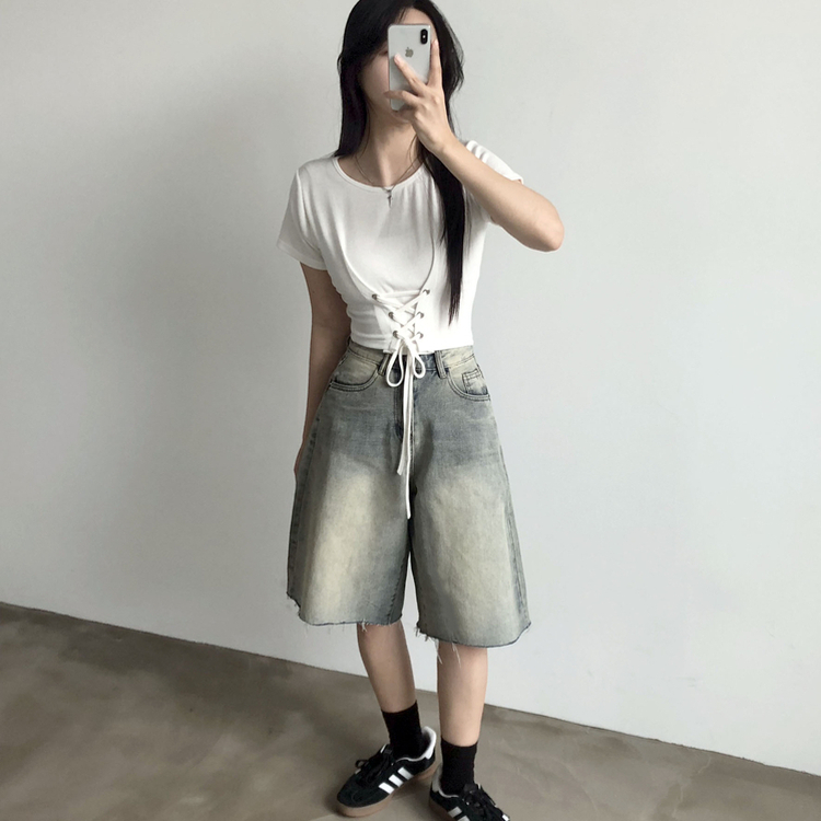 コルセットクロップ半袖UネックTシャツ｜半袖Tシャツ｜韓国