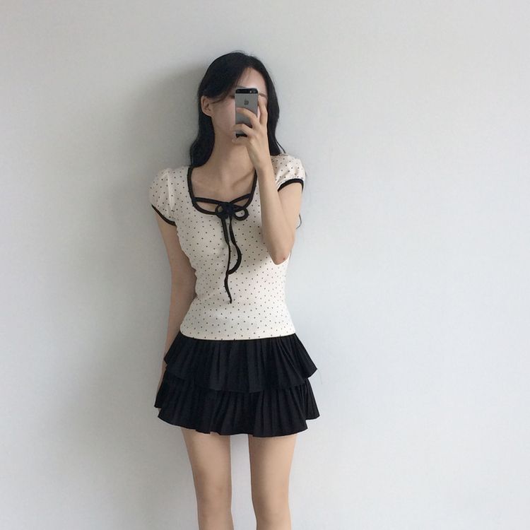[부드러워요!]스판쫀쫀 리본 하트 배색 퍼프 반팔티셔츠 2color 블랙
