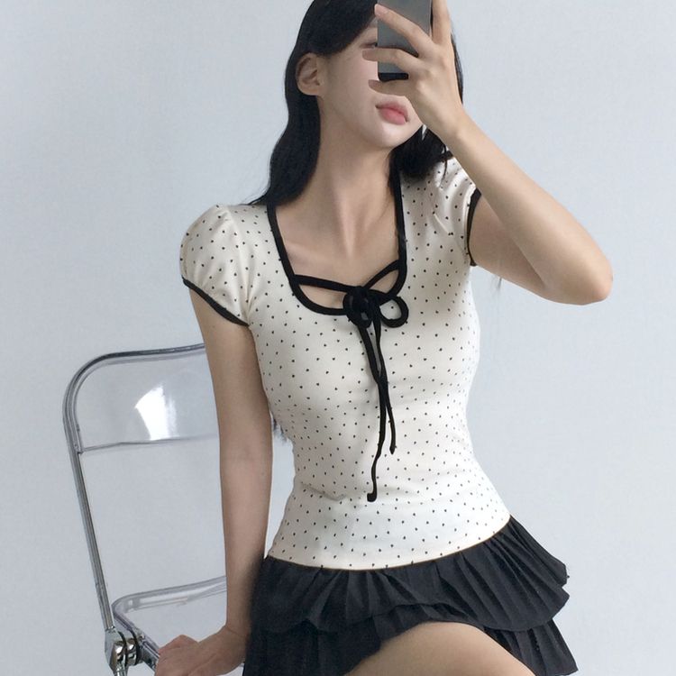 [부드러워요!]스판쫀쫀 리본 하트 배색 퍼프 반팔티셔츠 2color 블랙