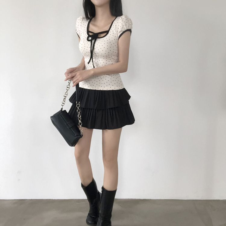 [부드러워요!]스판쫀쫀 리본 하트 배색 퍼프 반팔티셔츠 2color 블랙