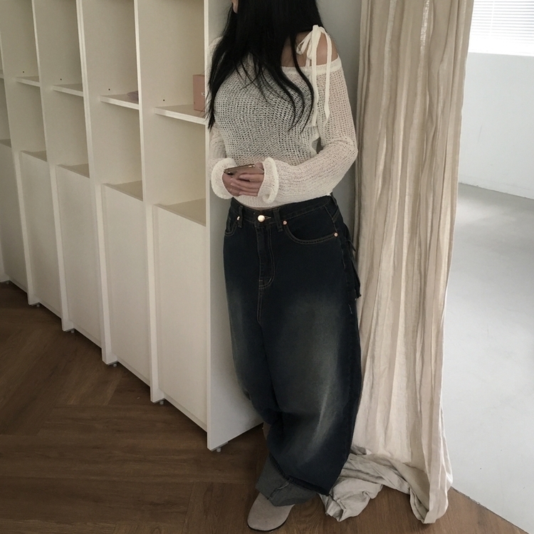 アンバランスリボンシースルーサマーニット５色 IVORY