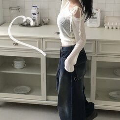 ニット アンバランスリボンシースルーサマーニット5色 IVORY