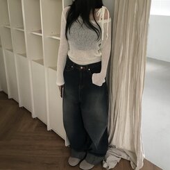 ニット アンバランスリボンシースルーサマーニット5色 IVORY