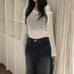 ニット アンバランスリボンシースルーサマーニット5色 IVORY