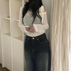 ニット アンバランスリボンシースルーサマーニット5色 IVORY