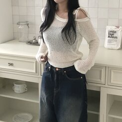 ニット アンバランスリボンシースルーサマーニット5色 IVORY