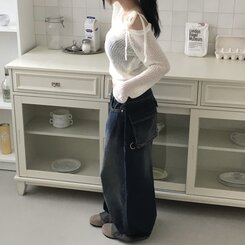 ニット アンバランスリボンシースルーサマーニット5色 IVORY