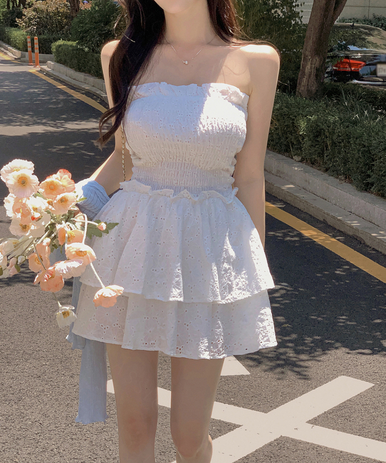 オフショルダーAラインフレアティアードワンピース WHITE