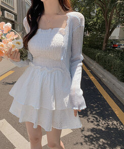 ミニワンピース オフショルダーAラインフレアティアードワンピース WHITE