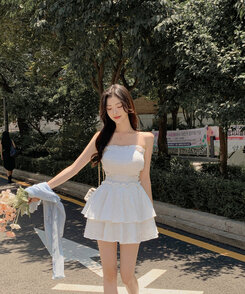 ミニワンピース オフショルダーAラインフレアティアードワンピース WHITE