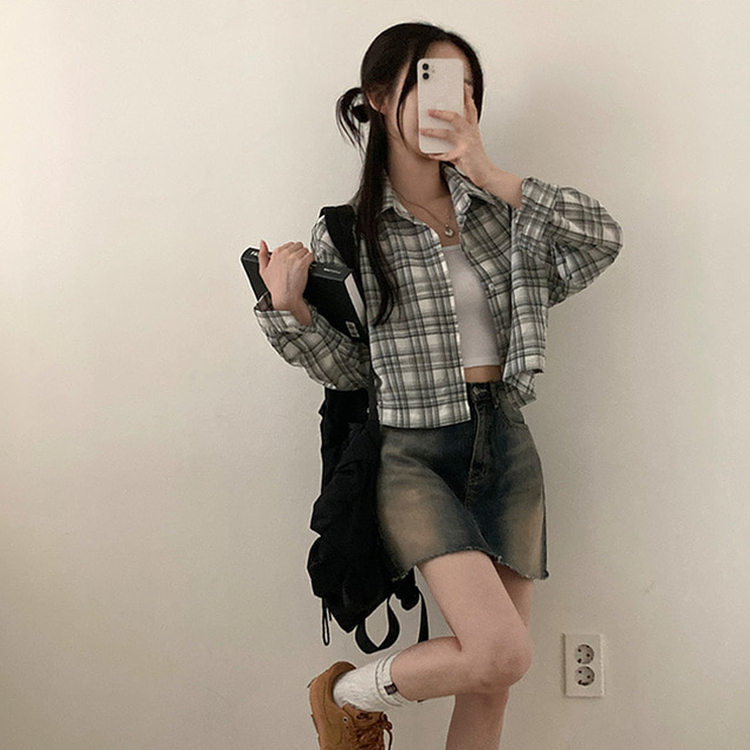 데일리스 기장선택 코튼 체크 루즈핏 긴팔 셔츠 남방 블랙