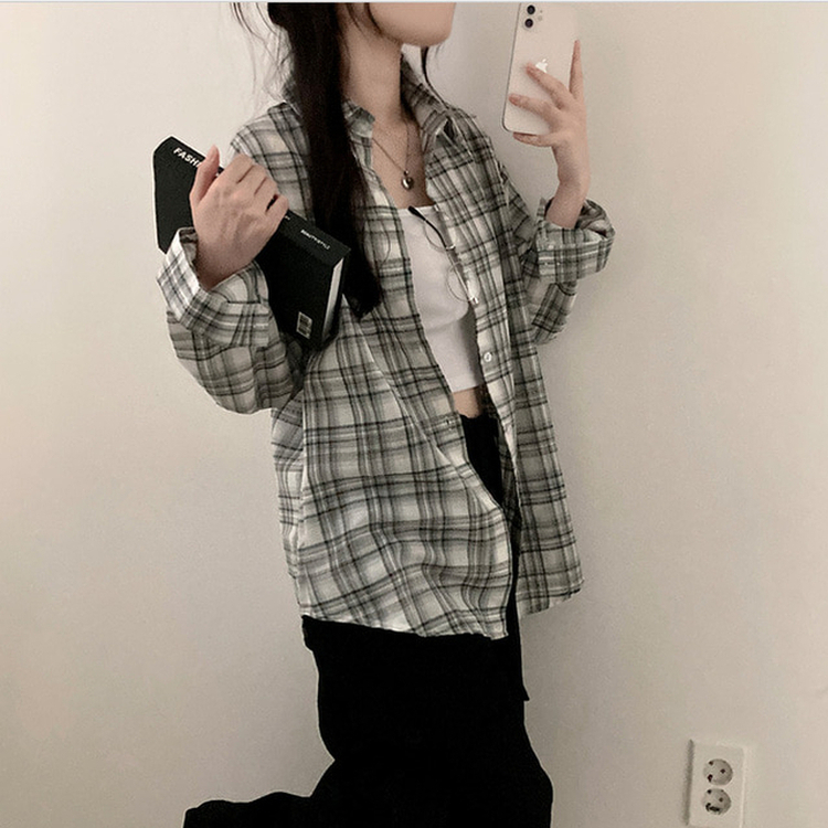 데일리스 기장선택 코튼 체크 루즈핏 긴팔 셔츠 남방 블랙