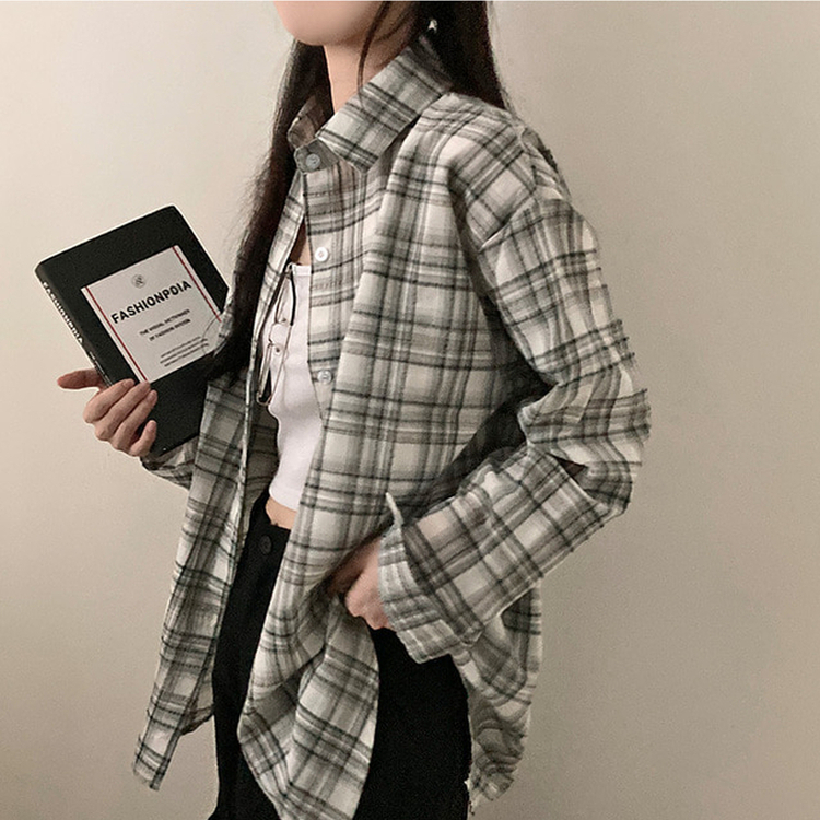 데일리스 기장선택 코튼 체크 루즈핏 긴팔 셔츠 남방 블랙