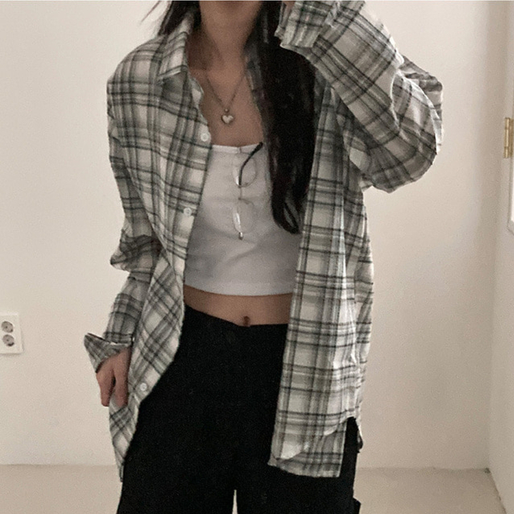 데일리스 기장선택 코튼 체크 루즈핏 긴팔 셔츠 남방 블랙