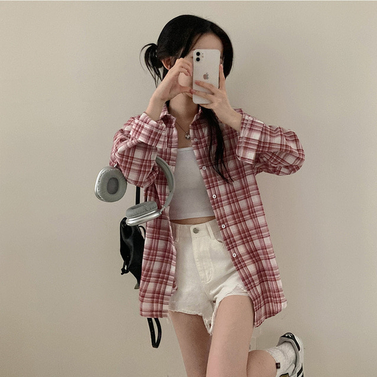 데일리스 기장선택 코튼 체크 루즈핏 긴팔 셔츠 남방 레드