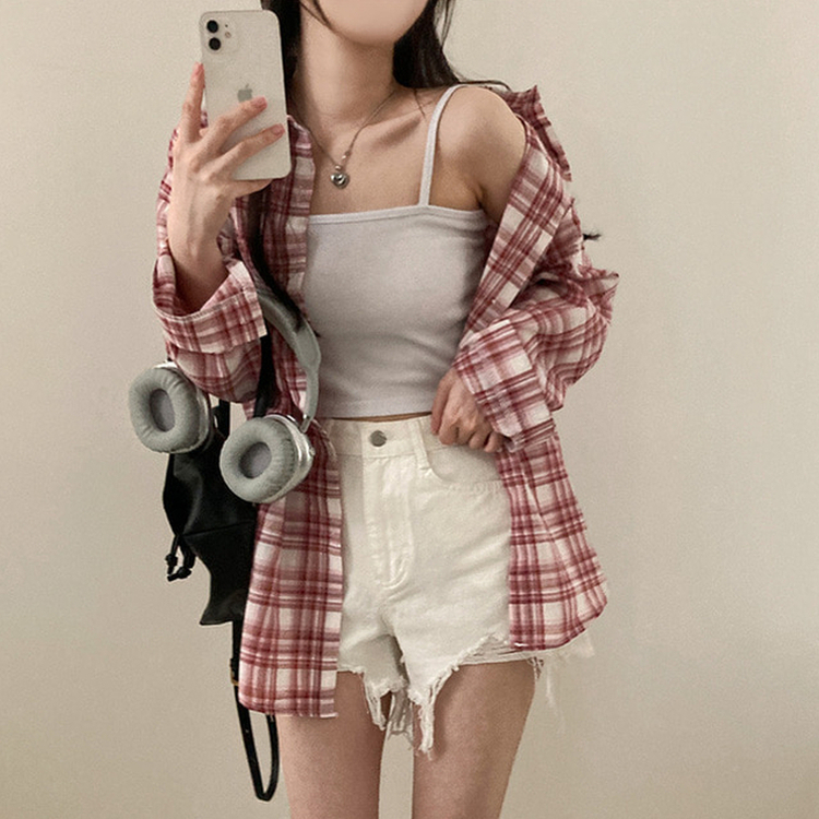 데일리스 기장선택 코튼 체크 루즈핏 긴팔 셔츠 남방 레드