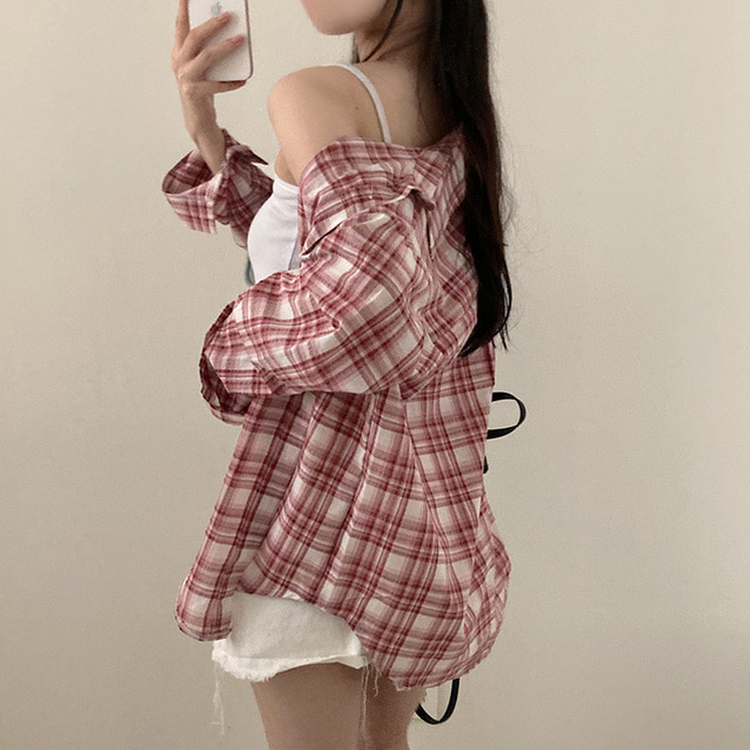 데일리스 기장선택 코튼 체크 루즈핏 긴팔 셔츠 남방 레드