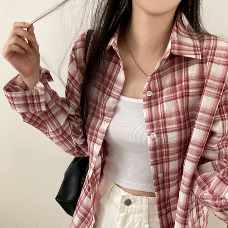 데일리스 기장선택 코튼 체크 루즈핏 긴팔 셔츠 남방 레드