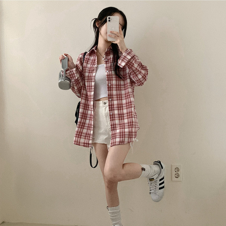 데일리스 기장선택 코튼 체크 루즈핏 긴팔 셔츠 남방 레드