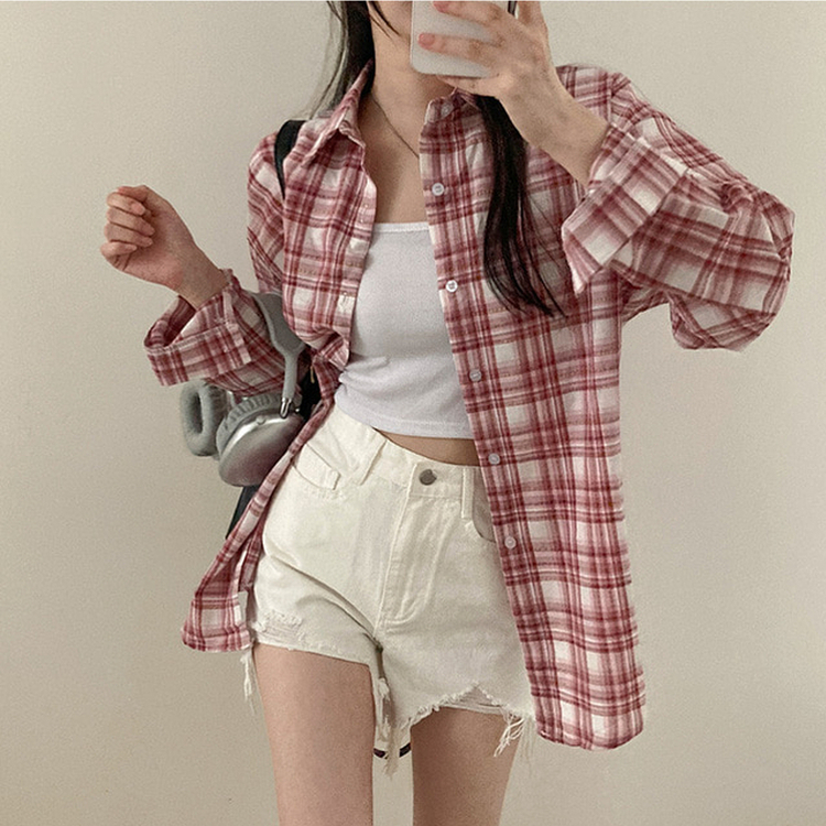 데일리스 기장선택 코튼 체크 루즈핏 긴팔 셔츠 남방 레드