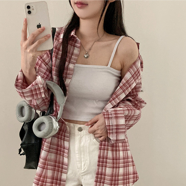 데일리스 기장선택 코튼 체크 루즈핏 긴팔 셔츠 남방 레드