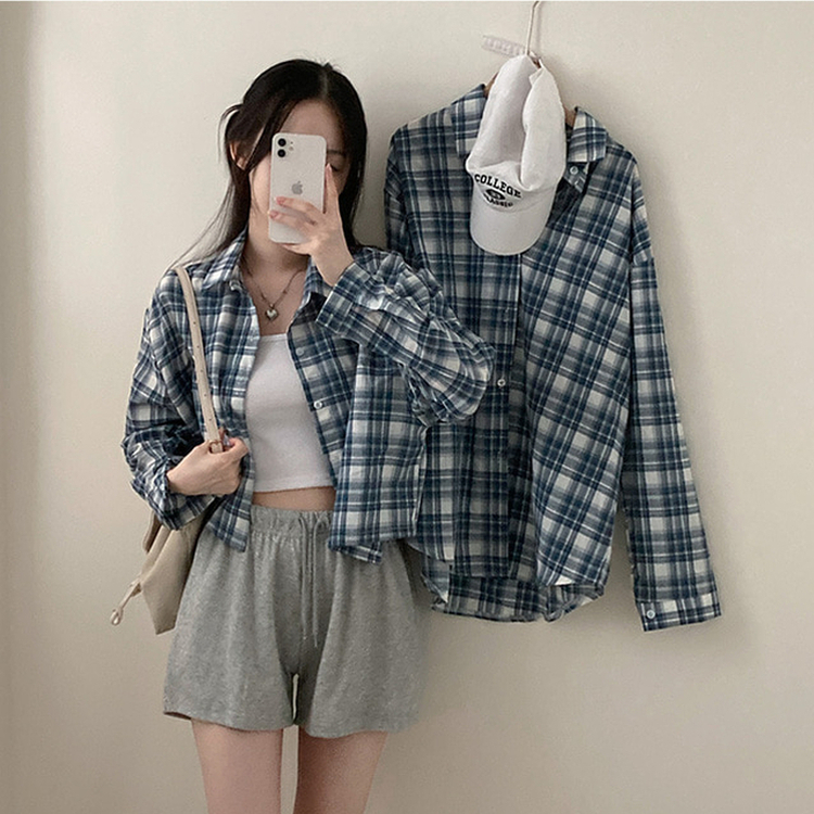 데일리스 기장선택 코튼 체크 루즈핏 긴팔 셔츠 남방 블루