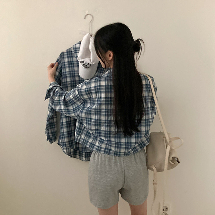 데일리스 기장선택 코튼 체크 루즈핏 긴팔 셔츠 남방 블루