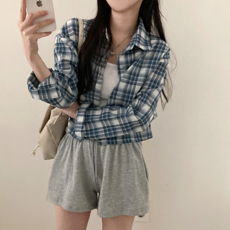 데일리스 기장선택 코튼 체크 루즈핏 긴팔 셔츠 남방 블루