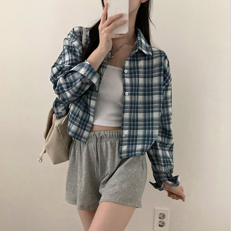 데일리스 기장선택 코튼 체크 루즈핏 긴팔 셔츠 남방 블루