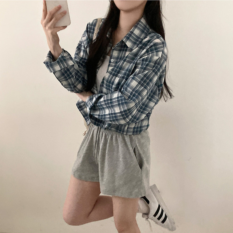 데일리스 기장선택 코튼 체크 루즈핏 긴팔 셔츠 남방 블루