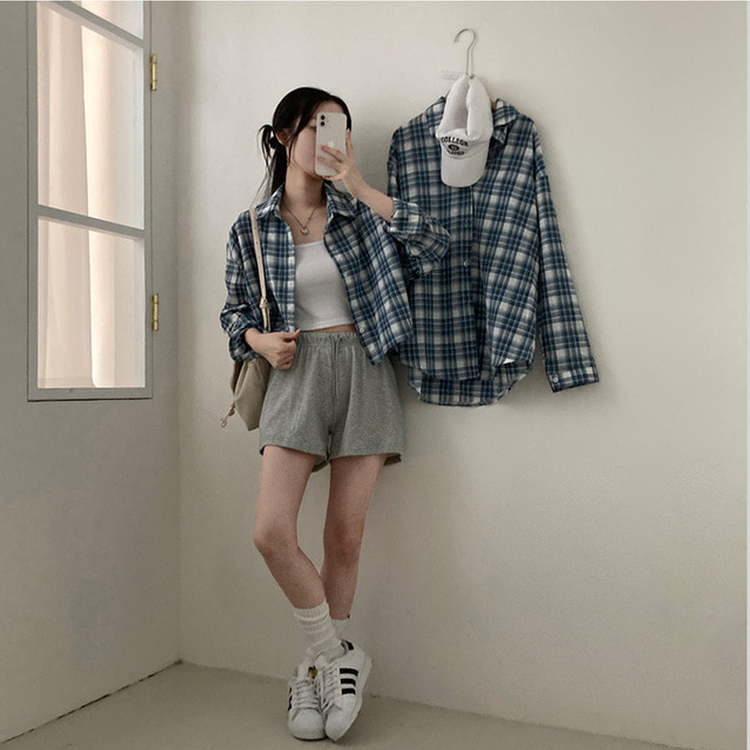 데일리스 기장선택 코튼 체크 루즈핏 긴팔 셔츠 남방 블루