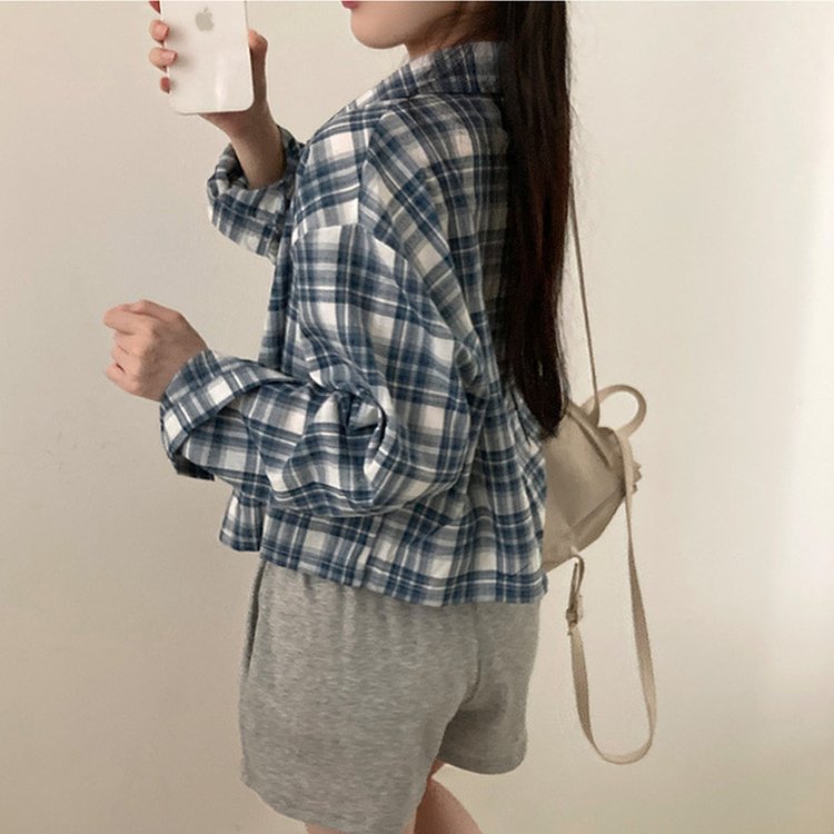 데일리스 기장선택 코튼 체크 루즈핏 긴팔 셔츠 남방 블루