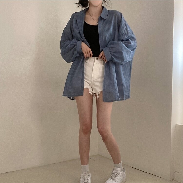 거즈 스트라이프 왕박시 아방핏 셔츠 남방 블루