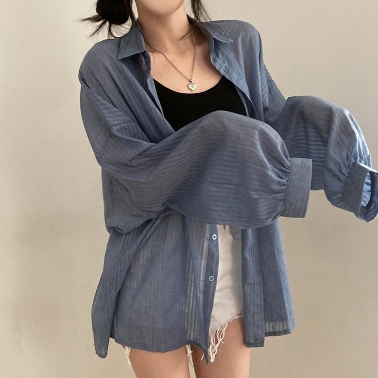 거즈 스트라이프 왕박시 아방핏 셔츠 남방 블루