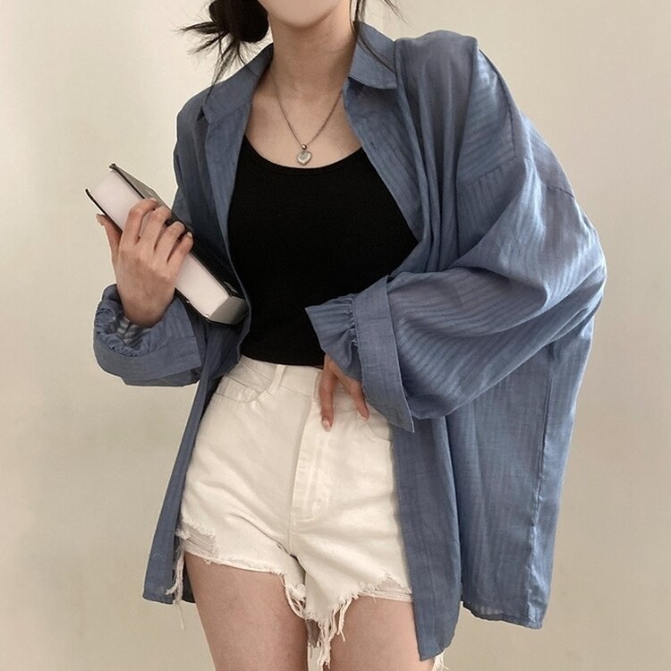 거즈 스트라이프 왕박시 아방핏 셔츠 남방 블루