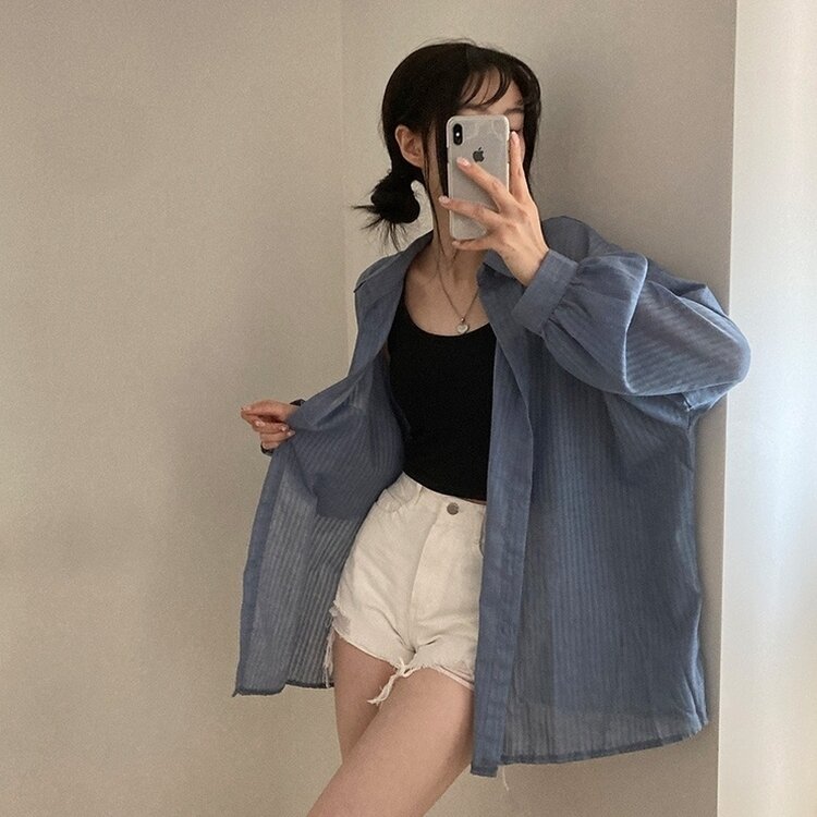 거즈 스트라이프 왕박시 아방핏 셔츠 남방 블루