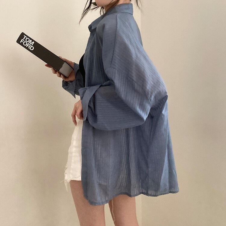 거즈 스트라이프 왕박시 아방핏 셔츠 남방 블루