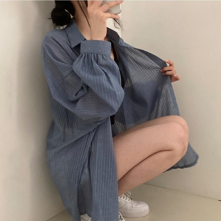 거즈 스트라이프 왕박시 아방핏 셔츠 남방 블루