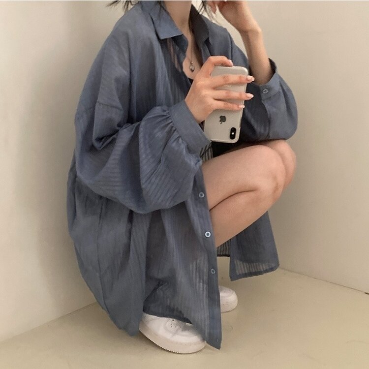 거즈 스트라이프 왕박시 아방핏 셔츠 남방 블루