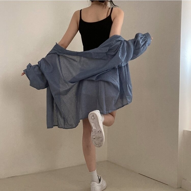 거즈 스트라이프 왕박시 아방핏 셔츠 남방 블루