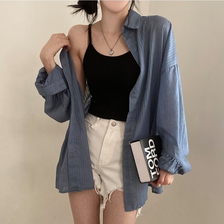 거즈 스트라이프 왕박시 아방핏 셔츠 남방 블루